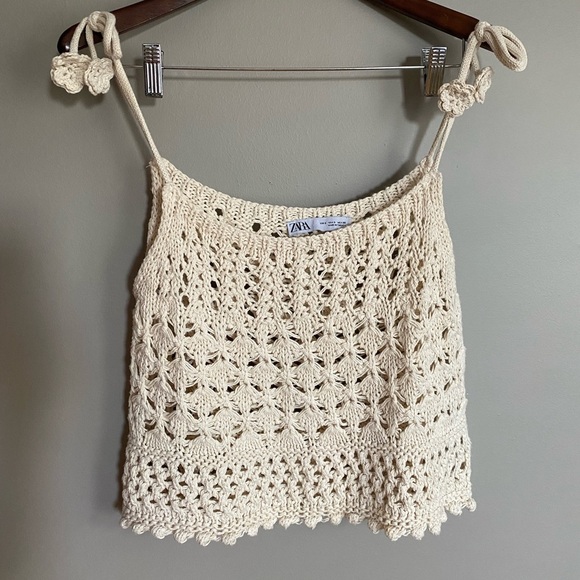 Zara Crochet Top 100% Cotton Flower Ties Size S - Picture 3 of 7